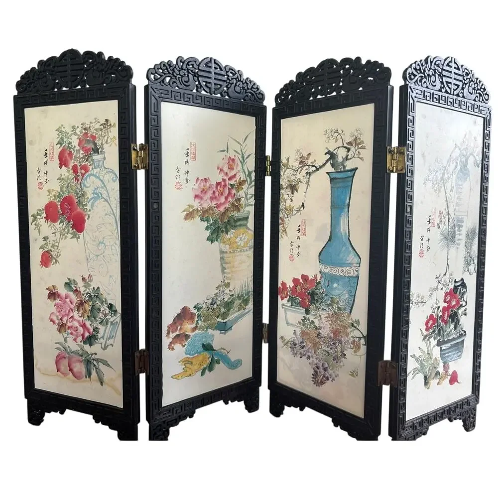 Vintage Dollhouse Miniature Asian 4 Panel Folding Screen